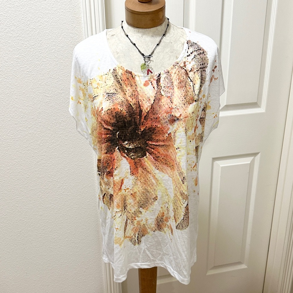 Oltre White Short Sleeve Orange/Brown Floral Print Women's T-shirt - XL